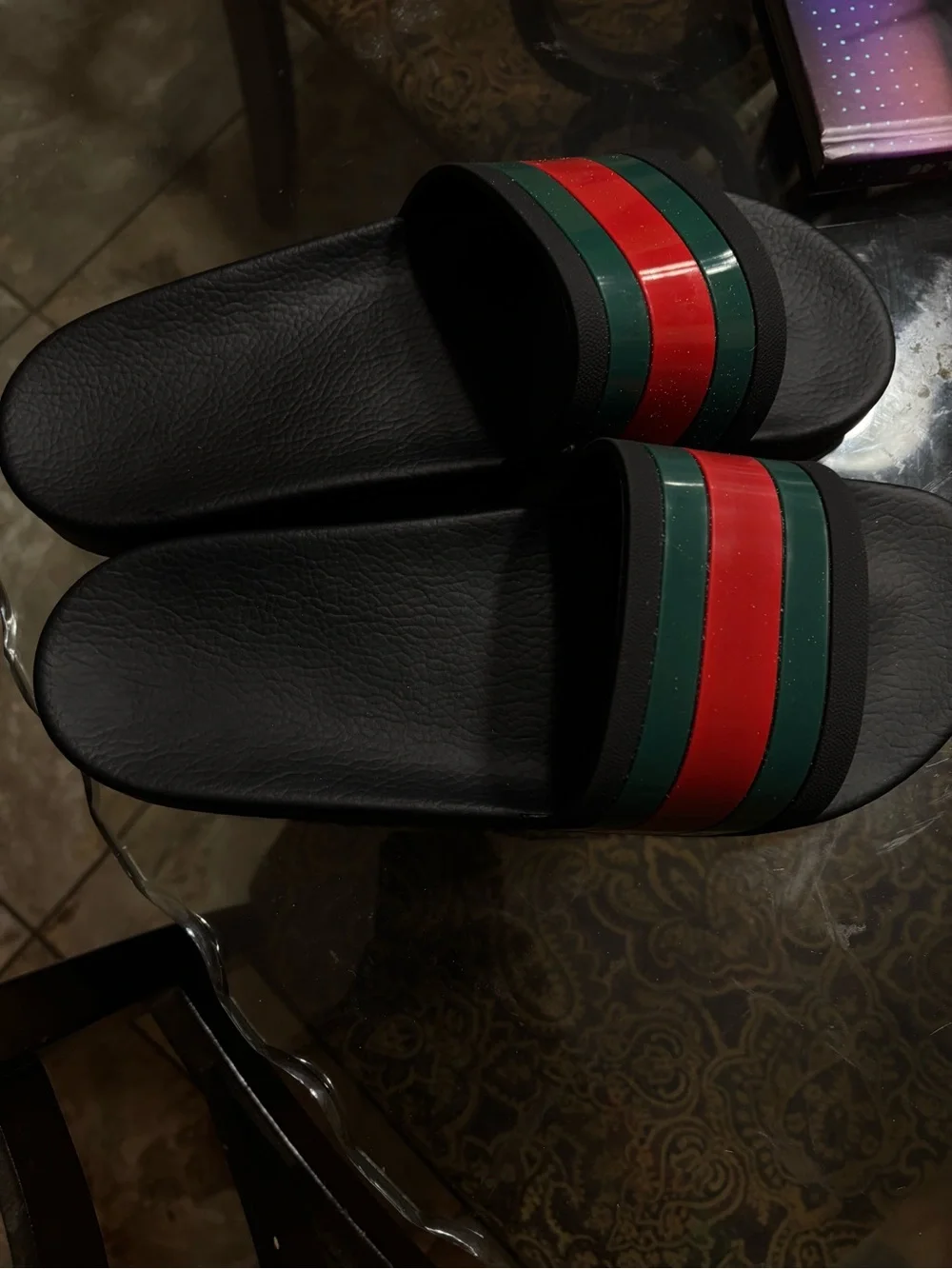 Gucci Black Slide Sandals with Red and Green Stripes